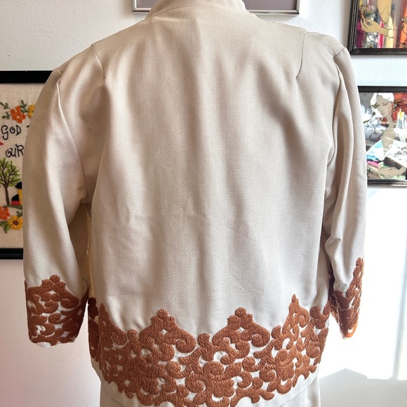 1960s Cream & Rust Embroidered Dress Matching Jacket Set – Mod Two-Piece - Picture 8 of 11